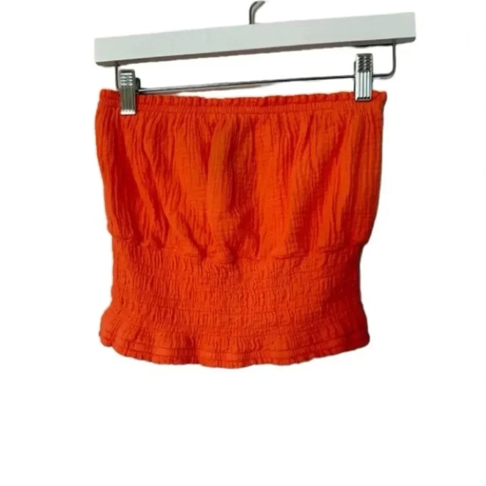 bobi Bright Orange Smocked Strapless Crop